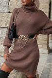 LONG SLEEVE TURTLE NECK KNIT DRESS - Doublju