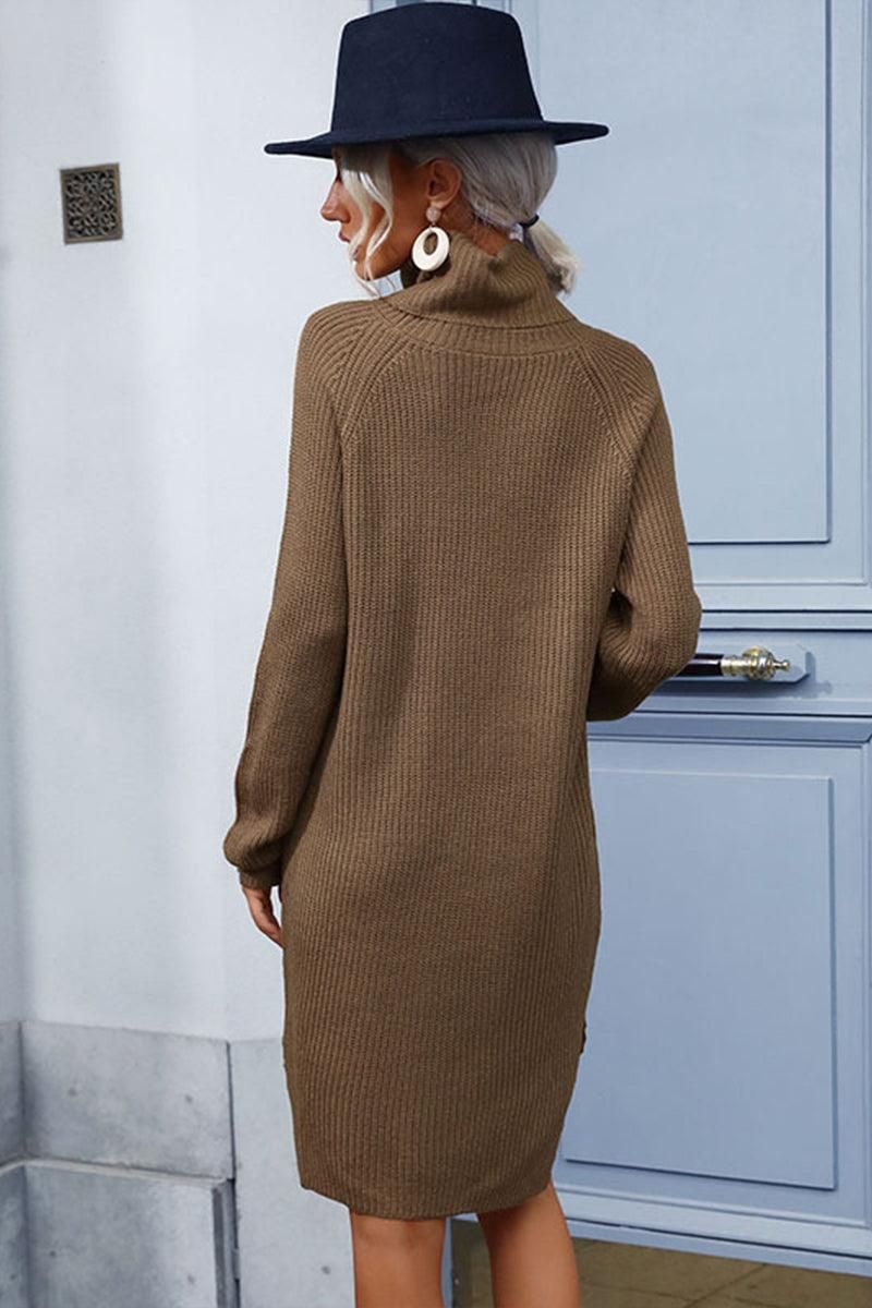 KNITTED TURTLE NECK CASUAL DRESS - Doublju