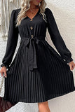 BUTTON DETAILED SLIM WIST PLEATED TRENDY DRESS - Doublju