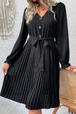 BUTTON DETAILED SLIM WIST PLEATED TRENDY DRESS - Doublju