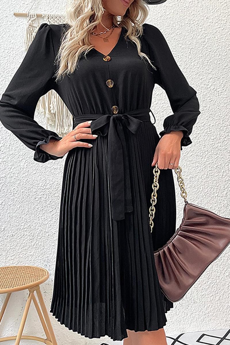 BUTTON DETAILED SLIM WIST PLEATED TRENDY DRESS - Doublju