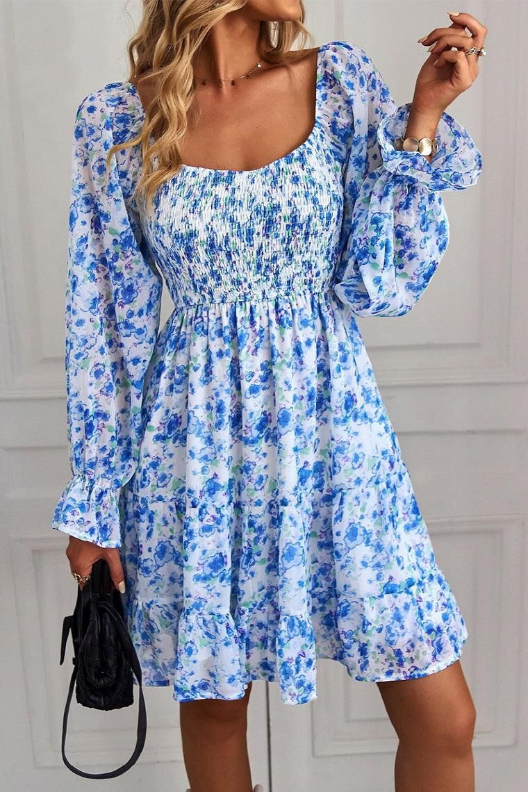 MULTI PATTERNED DEEP ROUND NECK RUFFLE DRESS - Doublju