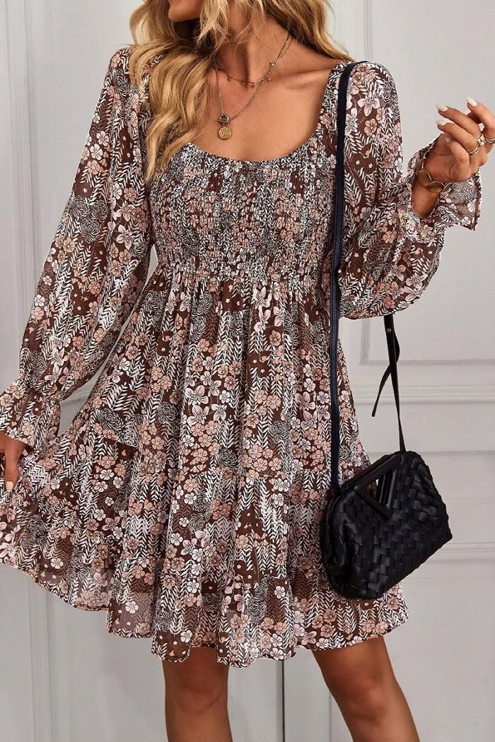 MULTI PATTERNED DEEP ROUND NECK RUFFLE DRESS - Doublju