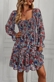 MULTI PATTERNED DEEP ROUND NECK RUFFLE DRESS - Doublju