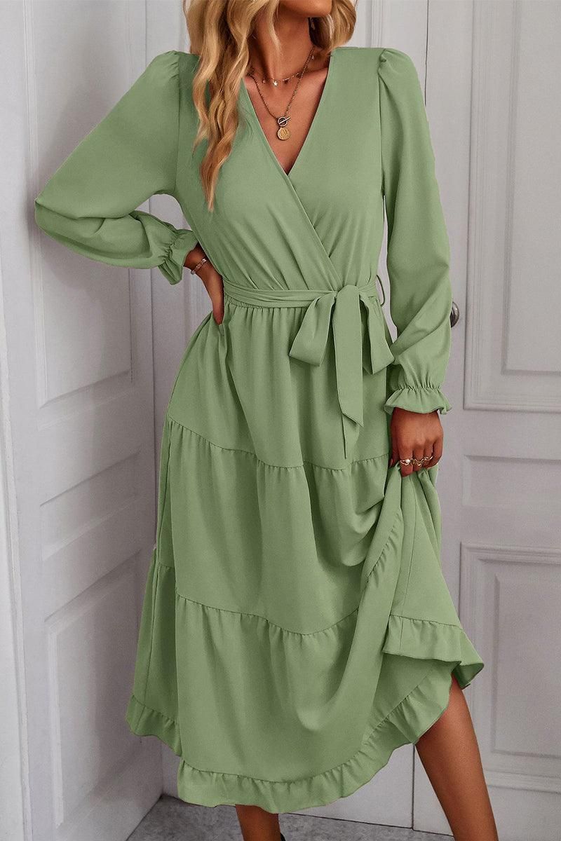 TIED WAIST LAYERED WRAP DRESS - Doublju