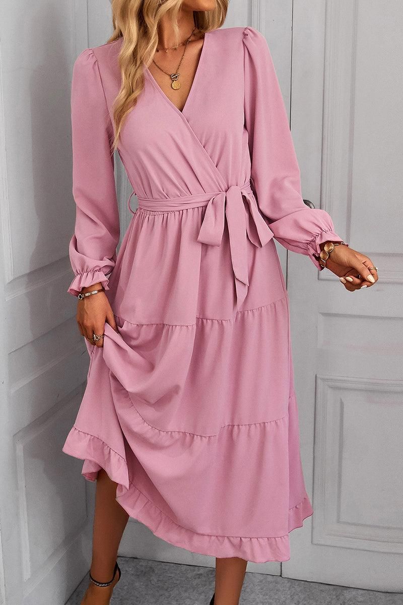 TIED WAIST LAYERED WRAP DRESS - Doublju