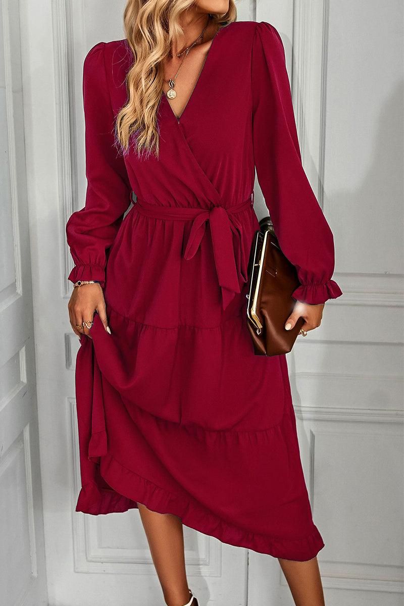 TIED WAIST LAYERED WRAP DRESS - Doublju