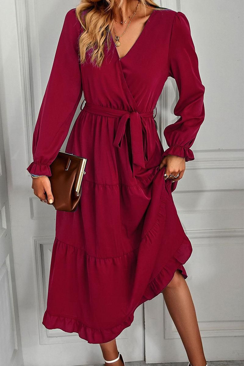 TIED WAIST LAYERED WRAP DRESS - Doublju