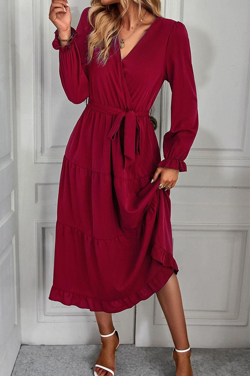 TIED WAIST LAYERED WRAP DRESS - Doublju