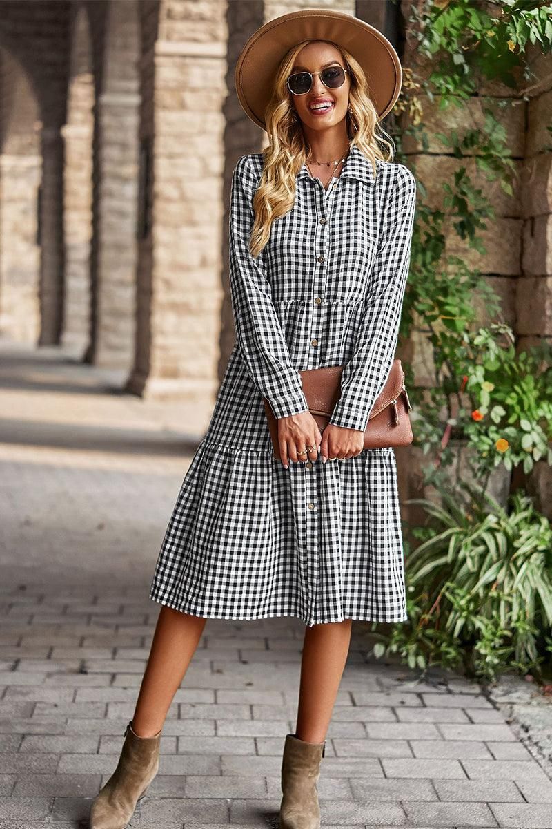 PALID PATTERNED BUTTON DOWN CASUAL DRESS - Doublju