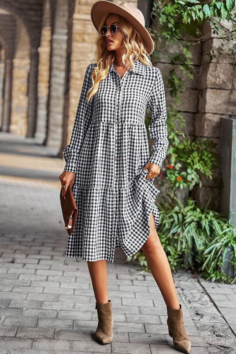 PALID PATTERNED BUTTON DOWN CASUAL DRESS - Doublju