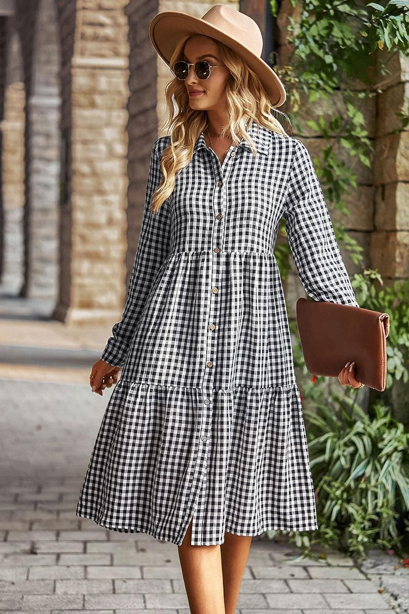 PALID PATTERNED BUTTON DOWN CASUAL DRESS - Doublju