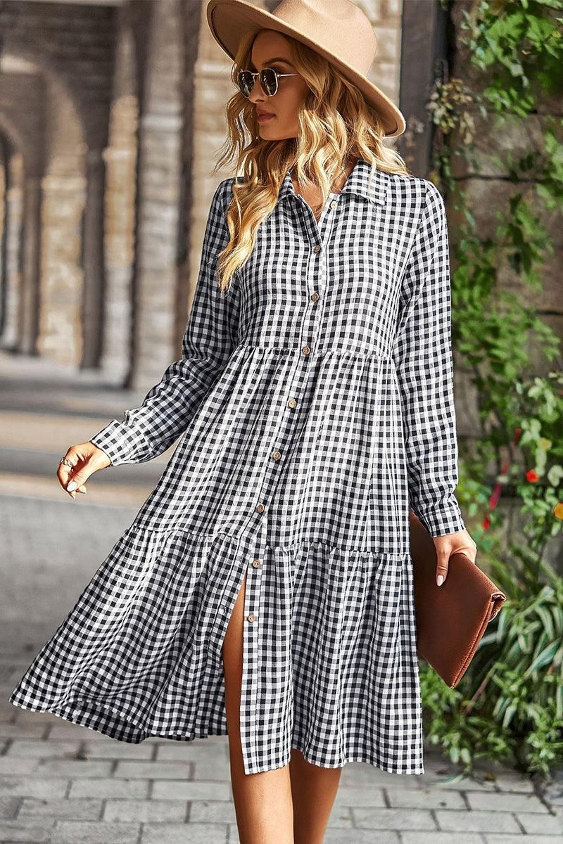 PALID PATTERNED BUTTON DOWN CASUAL DRESS - Doublju