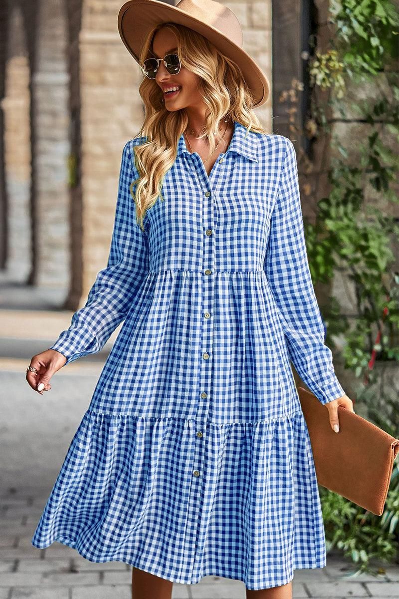 PALID PATTERNED BUTTON DOWN CASUAL DRESS - Doublju