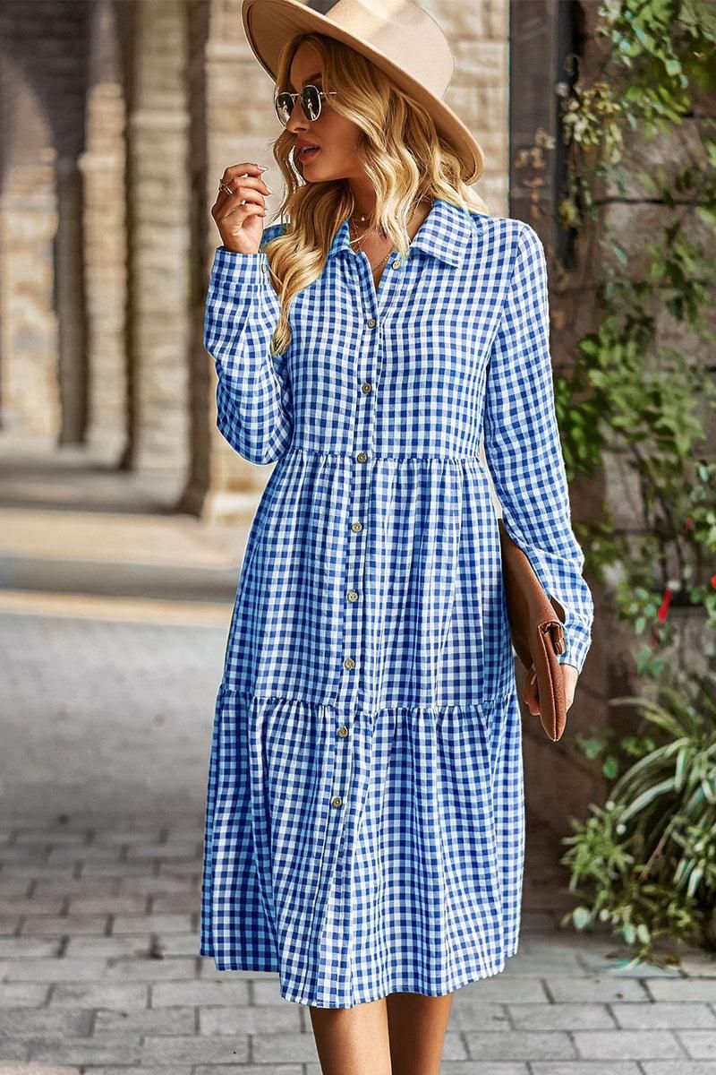 PALID PATTERNED BUTTON DOWN CASUAL DRESS - Doublju