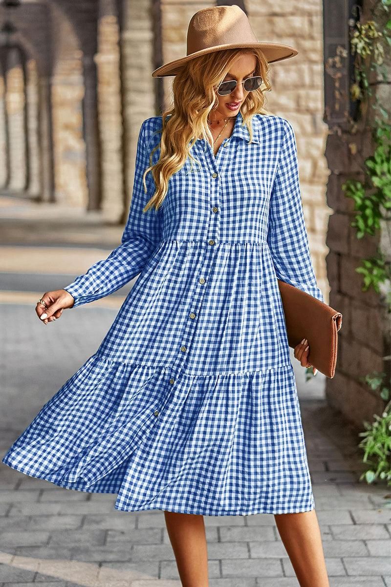 PALID PATTERNED BUTTON DOWN CASUAL DRESS - Doublju