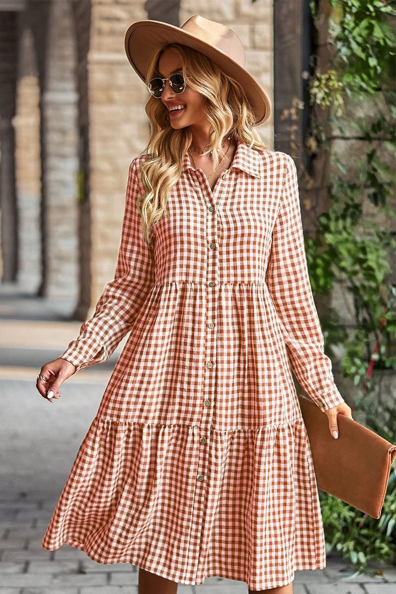 PALID PATTERNED BUTTON DOWN CASUAL DRESS - Doublju