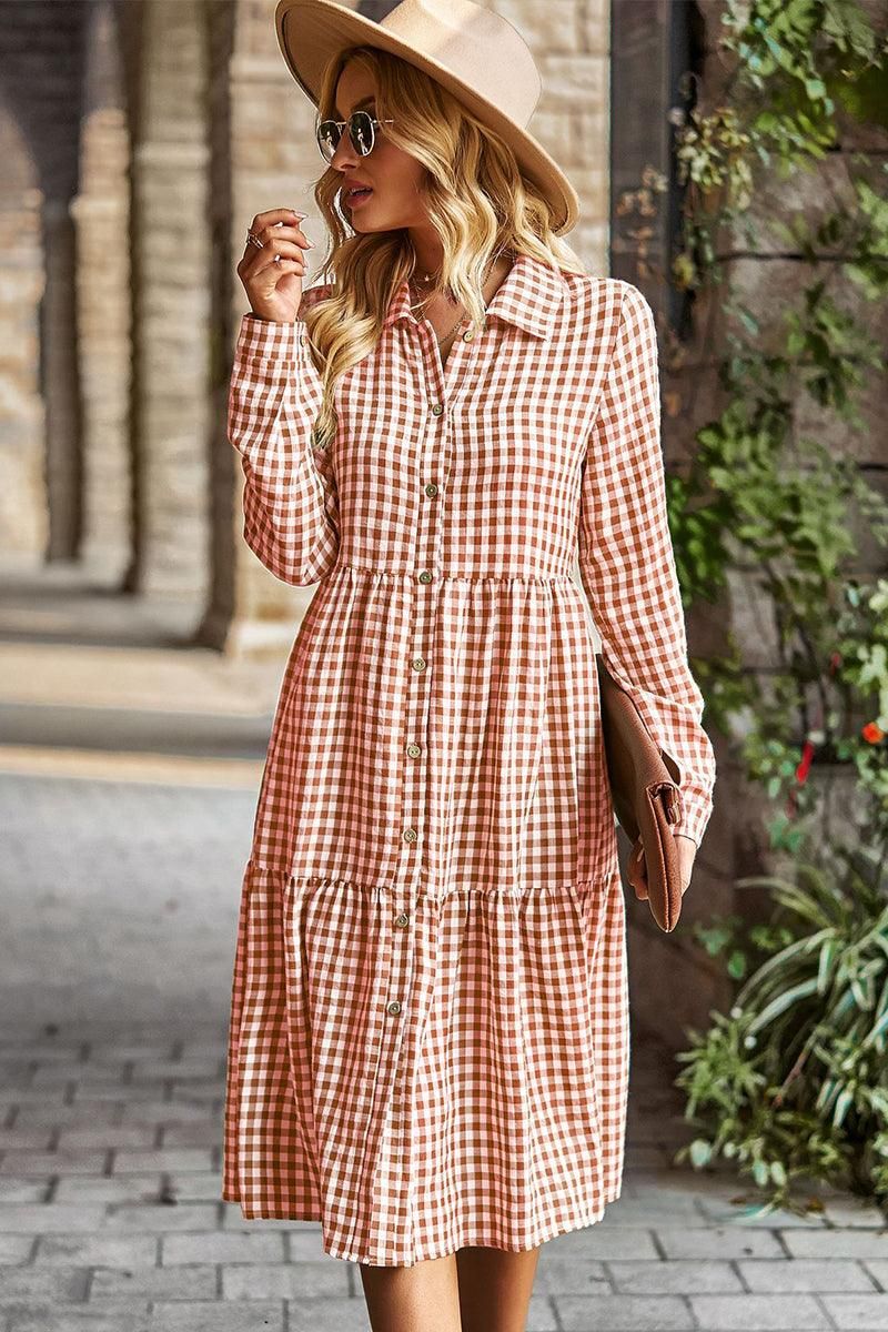 PALID PATTERNED BUTTON DOWN CASUAL DRESS - Doublju