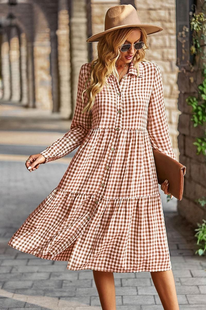 PALID PATTERNED BUTTON DOWN CASUAL DRESS - Doublju