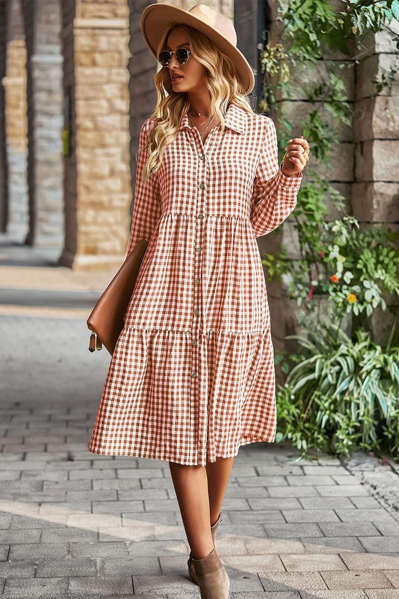 PALID PATTERNED BUTTON DOWN CASUAL DRESS - Doublju