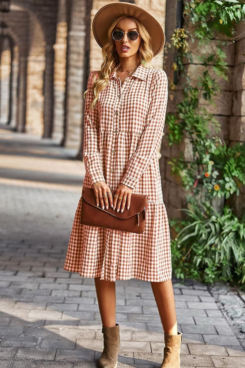 PALID PATTERNED BUTTON DOWN CASUAL DRESS - Doublju