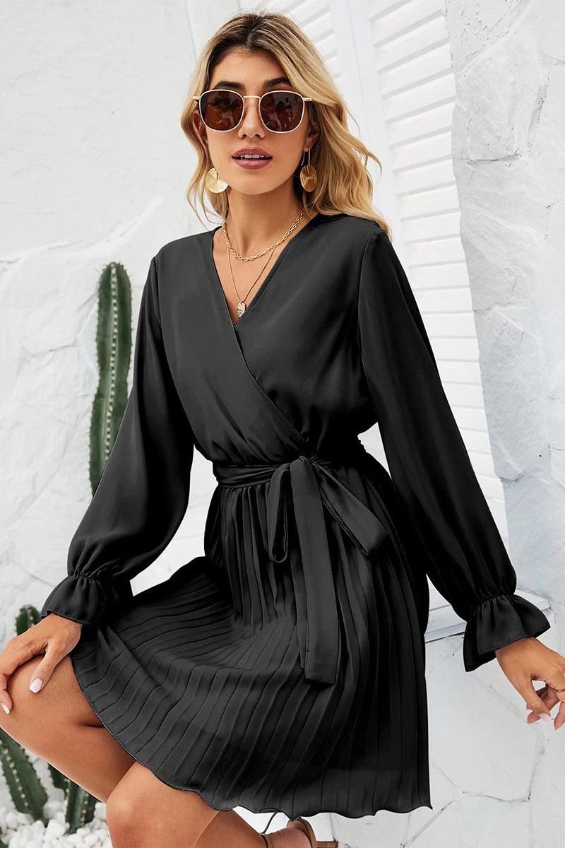 TIED WAIST RUFFLE WRAP DRESS - Doublju