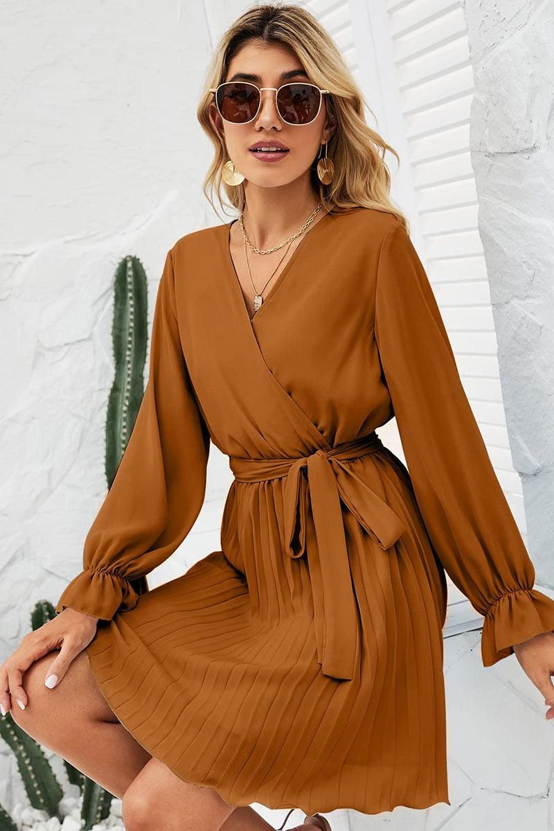 TIED WAIST RUFFLE WRAP DRESS - Doublju