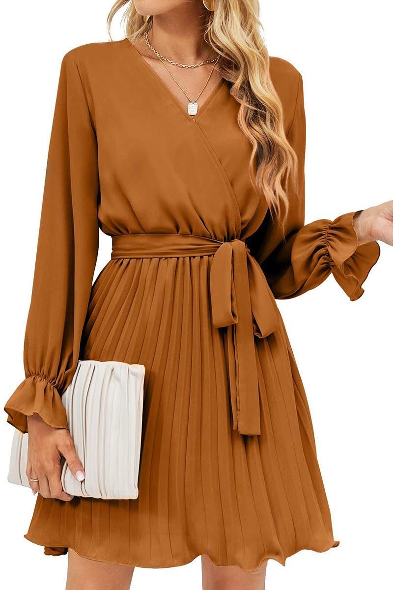 TIED WAIST RUFFLE WRAP DRESS - Doublju