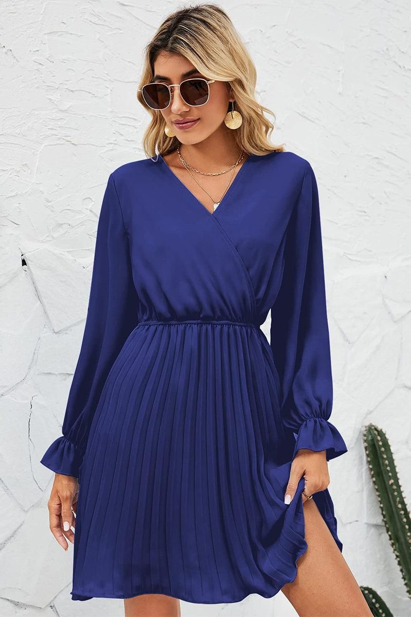 TIED WAIST RUFFLE WRAP DRESS - Doublju