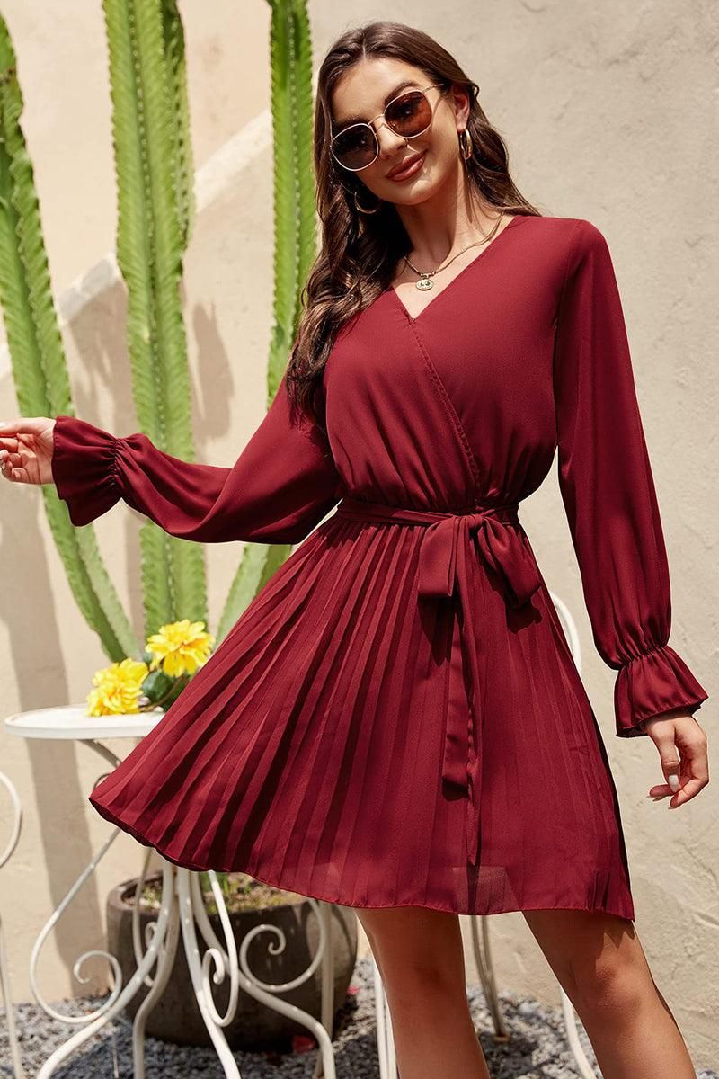 TIED WAIST RUFFLE WRAP DRESS - Doublju