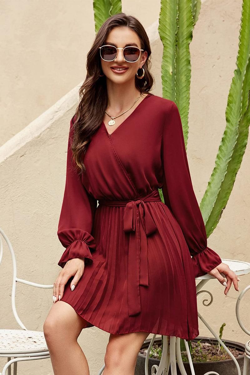 TIED WAIST RUFFLE WRAP DRESS - Doublju