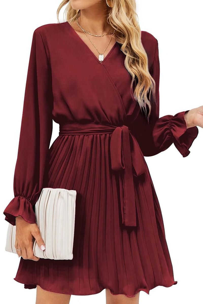 TIED WAIST RUFFLE WRAP DRESS - Doublju