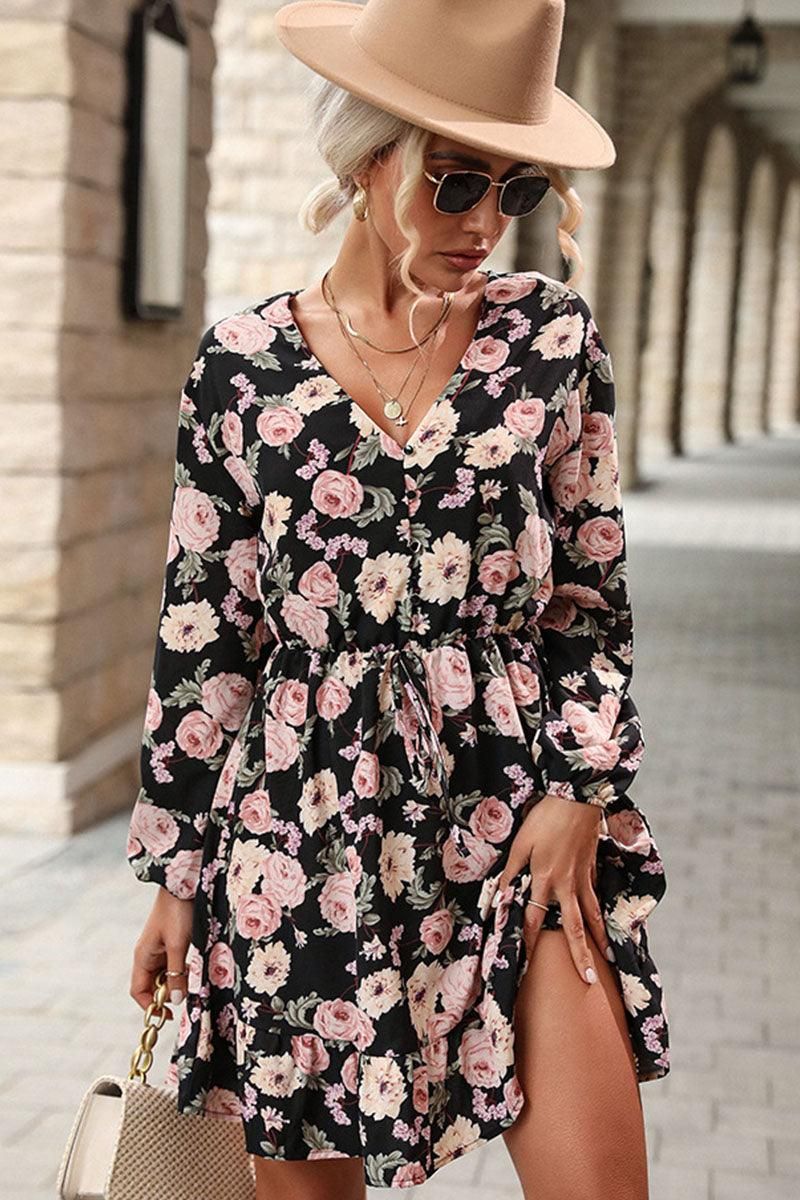 V NECK BIG FLORAL PRINTING RUFFLED SHORT DRESS - Doublju