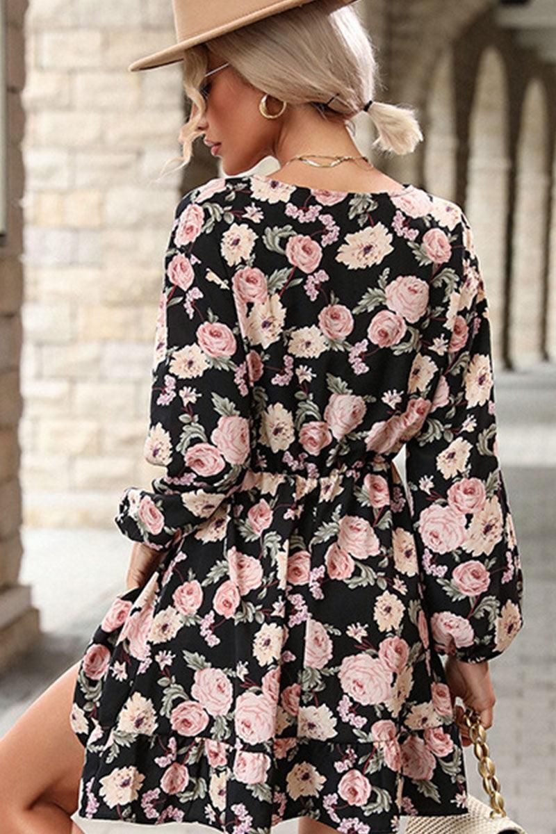 V NECK BIG FLORAL PRINTING RUFFLED SHORT DRESS - Doublju