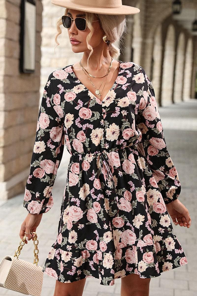 V NECK BIG FLORAL PRINTING RUFFLED SHORT DRESS - Doublju