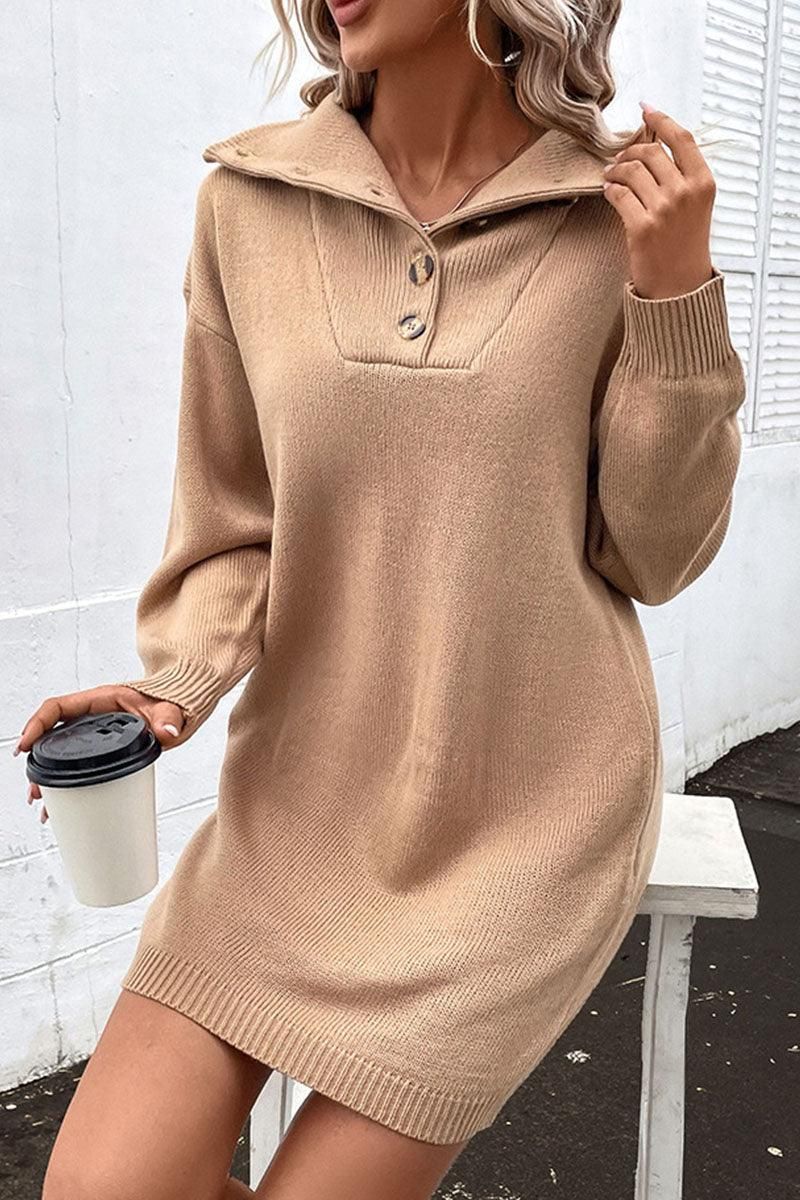 LONG SLEEVED SOLID BUTTON TURTLE NECK DRESS - Doublju