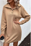 LONG SLEEVED SOLID BUTTON TURTLE NECK DRESS - Doublju