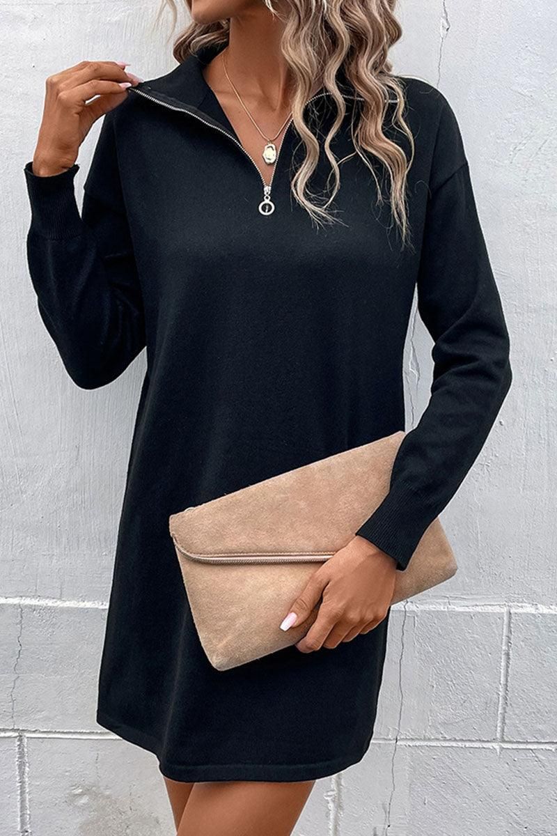 LONG SLEEVED SOLID TURTLE NECK ZIP UP DRESS - Doublju