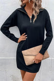 LONG SLEEVED SOLID TURTLE NECK ZIP UP DRESS - Doublju