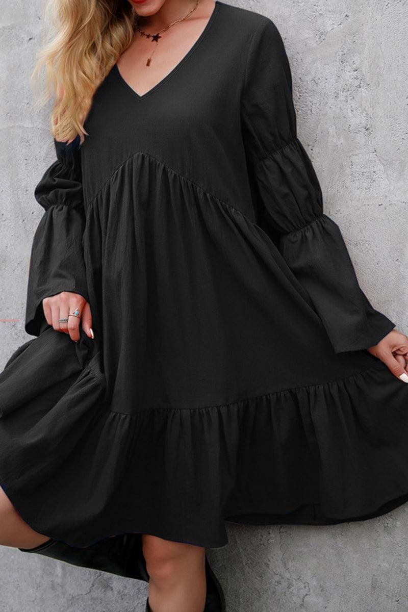 LONG SLEEVE RUFFLED MIDI DRESS - Doublju