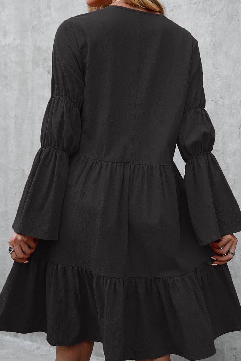 LONG SLEEVE RUFFLED MIDI DRESS - Doublju