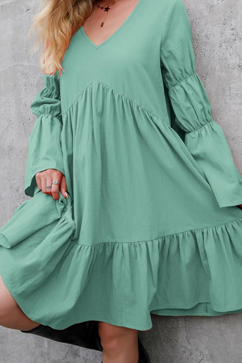 LONG SLEEVE RUFFLED MIDI DRESS - Doublju