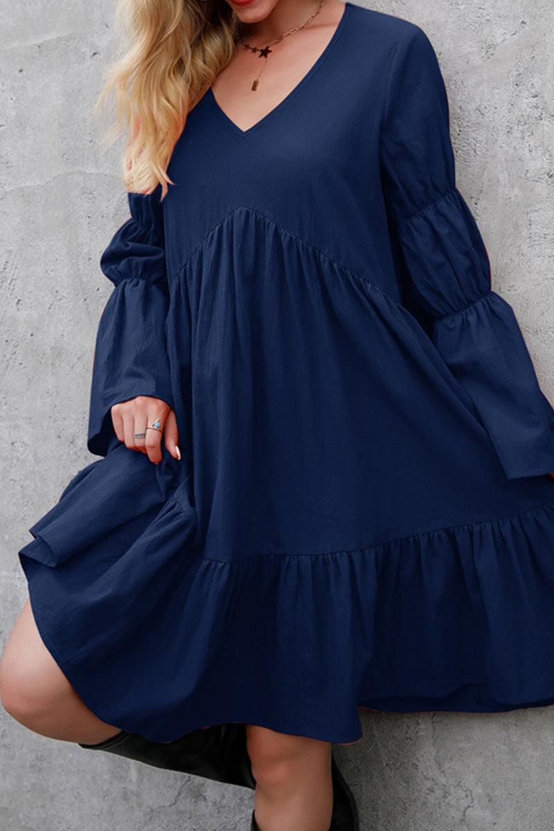 LONG SLEEVE RUFFLED MIDI DRESS - Doublju