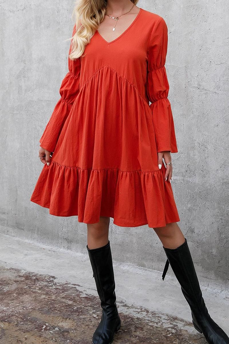 LONG SLEEVE RUFFLED MIDI DRESS - Doublju