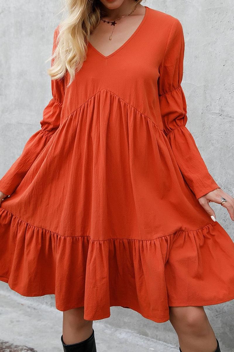 LONG SLEEVE RUFFLED MIDI DRESS - Doublju