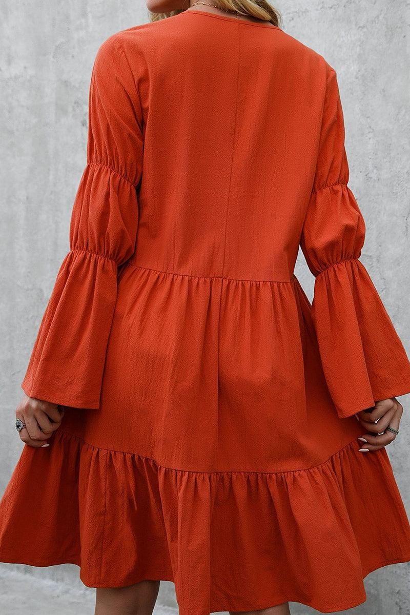 LONG SLEEVE RUFFLED MIDI DRESS - Doublju