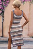 STRIPE PATTERNED SIDE SLIT KNIT BEACH DRESS - Doublju