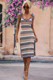 STRIPE PATTERNED SIDE SLIT KNIT BEACH DRESS - Doublju