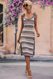 STRIPE PATTERNED SIDE SLIT KNIT BEACH DRESS - Doublju