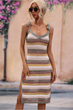 STRIPE PATTERNED SIDE SLIT KNIT BEACH DRESS - Doublju